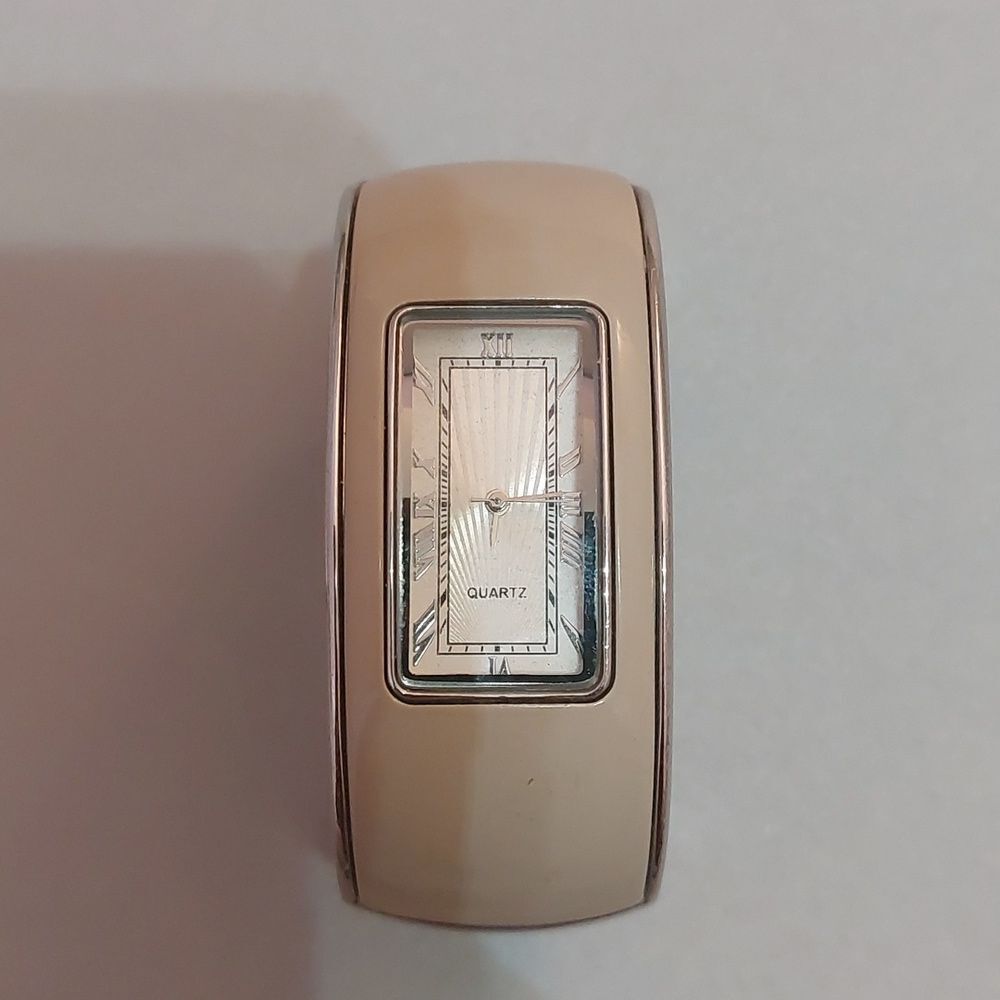 Cuff Style Ladies Quartz Watch Beige Enamel 26mm Wide Silver Tone